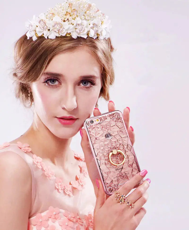 📱 Rhinestone Ring Phone Case | Elegant Durian Flower Design & 360° Grip ✨
